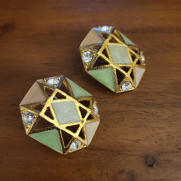 Vintage Avon Octagonal Gold Metal Enamel Statement Earrings 1990s - Picture 3 of 6